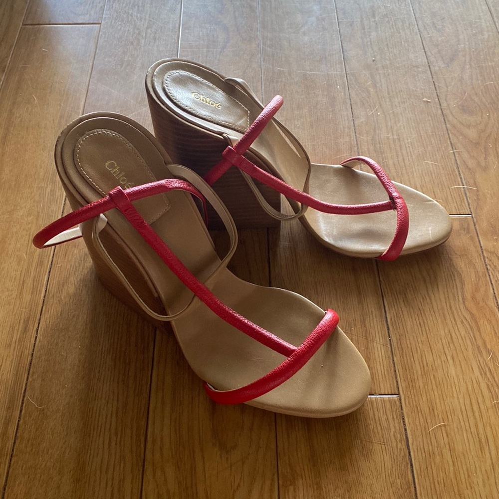 Chloe Red Strap Tan Wedge Sandals